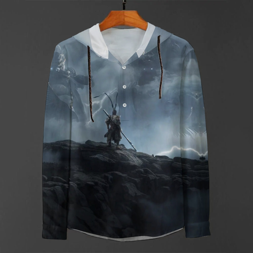 Hooded Half-Open Long-Sleeved Black Myth Wukong Shirt 2408007534