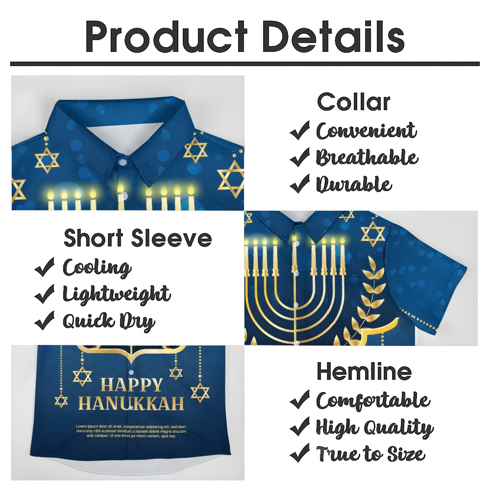 Happy Hanukkah Candle Print Short Sleeve Shirt 2411011956