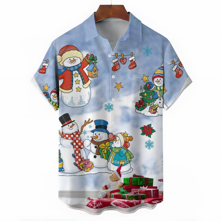 Christmas Cartoon Snowman Casual Short Sleeve Shirt 2409006161