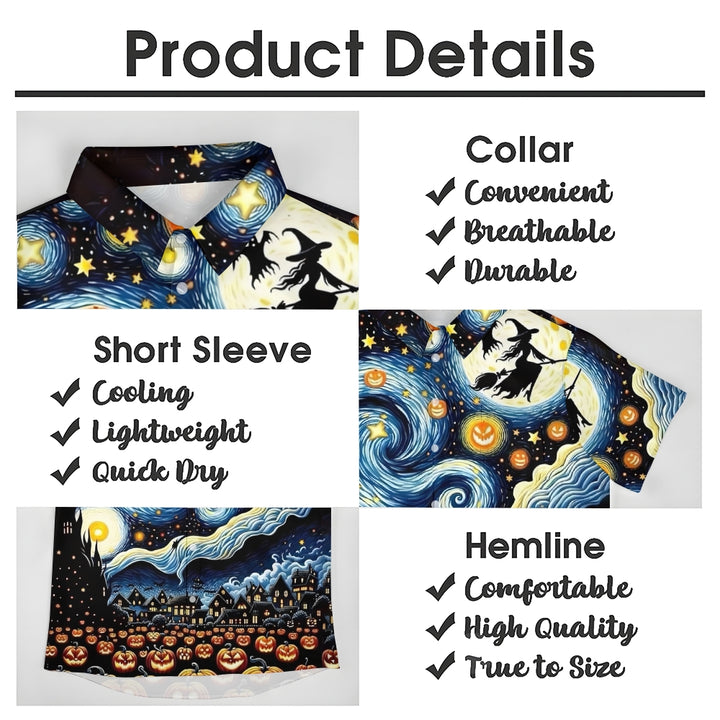 Halloween Flying Witch Starry Sky Art Print Short Sleeve Shirt 2408007014