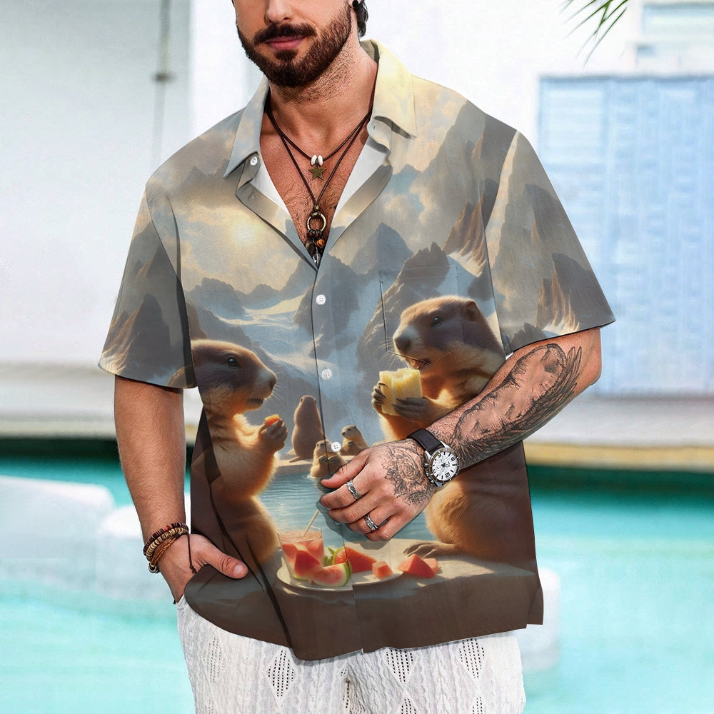 Men's Hawaiian Groundhog Day Print Casual Short Sleeve Shirt 2412004403