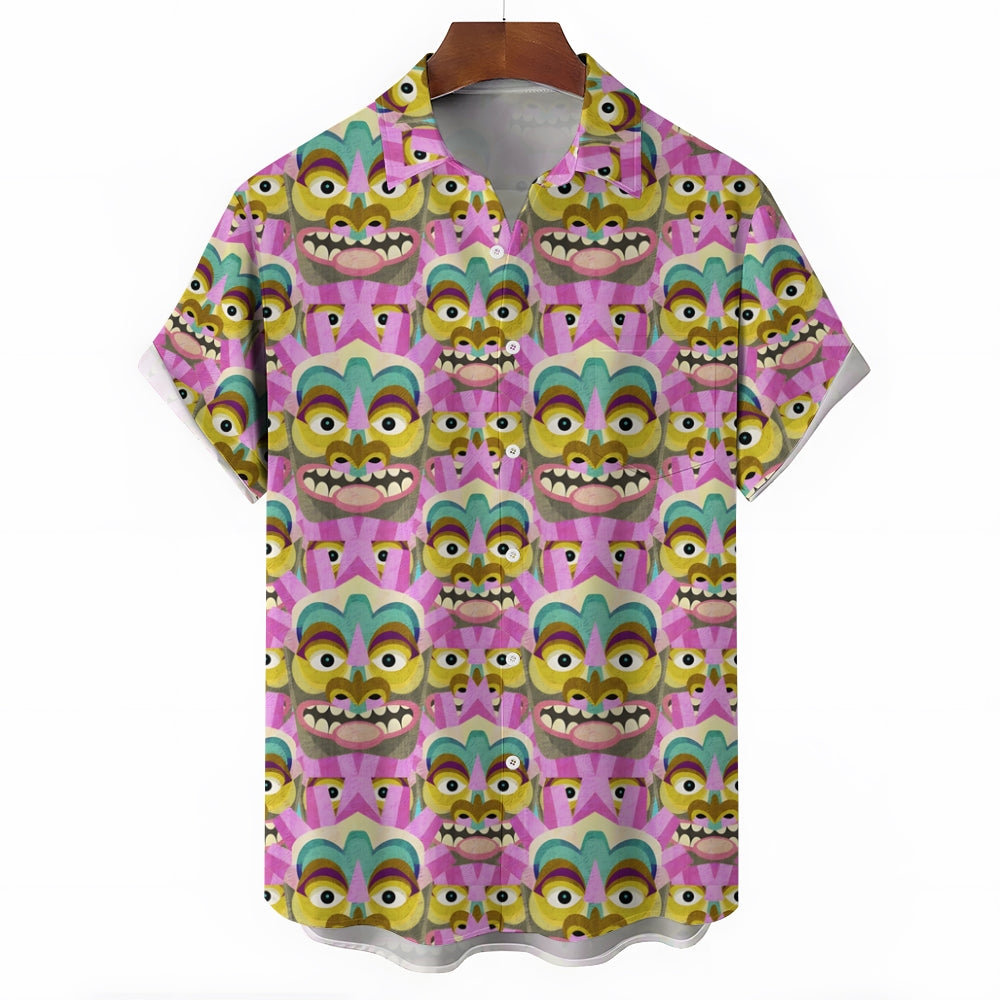 Tiki Art Print Casual Short Sleeve Shirt 2408005065