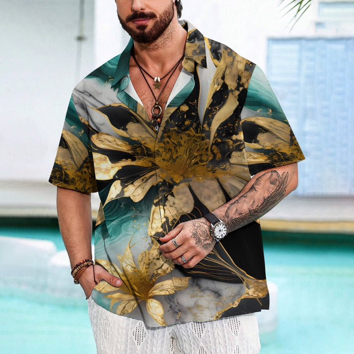 Hawaiian Gilded Art Floral Print Men's Button Pocket Short Sleeve Shirt 2405000201