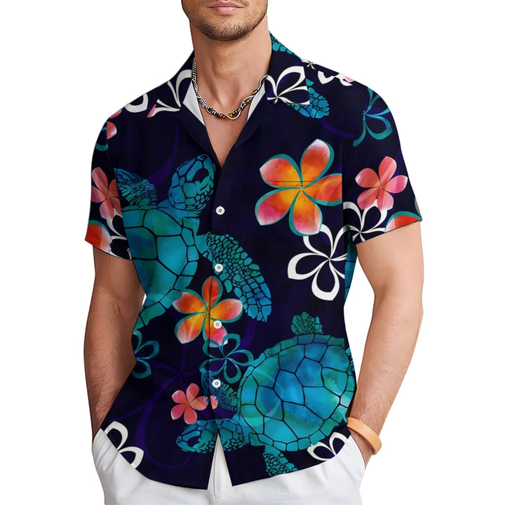 Hawaiian Flower And Turtle Art Print Casual Short Sleeve Shirt 2410001351