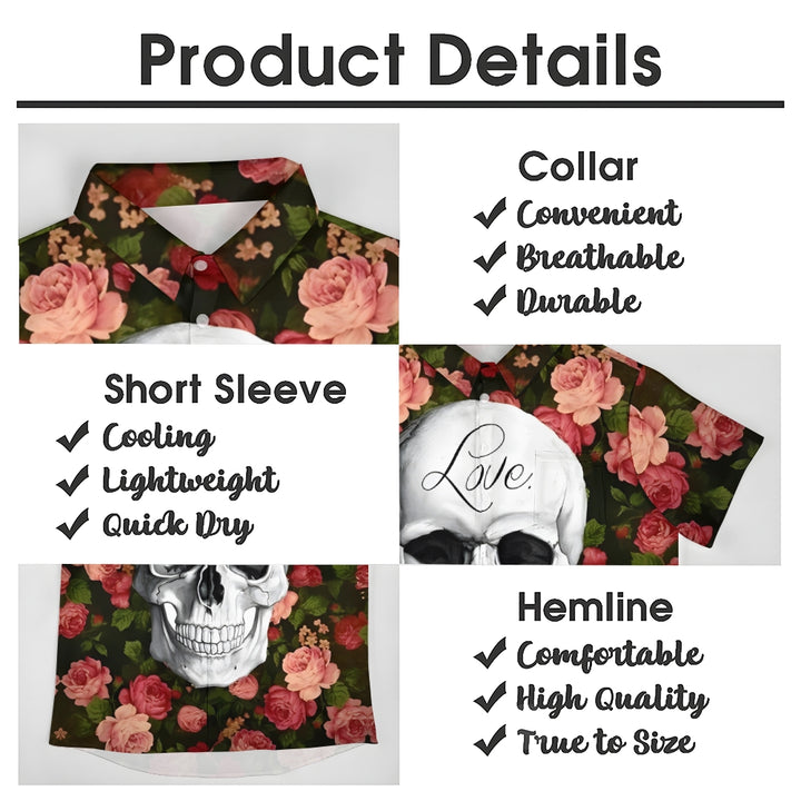 Valentine's Day "Love and Death" Skull Rose Print Casual Short Sleeve Shirt 2412002789