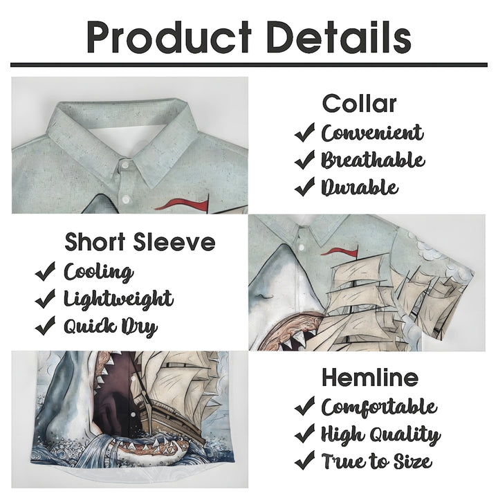 Ukiyo-E Style Retro Sailboat And Shark Print Casual Short Sleeve Shirt 2404001933