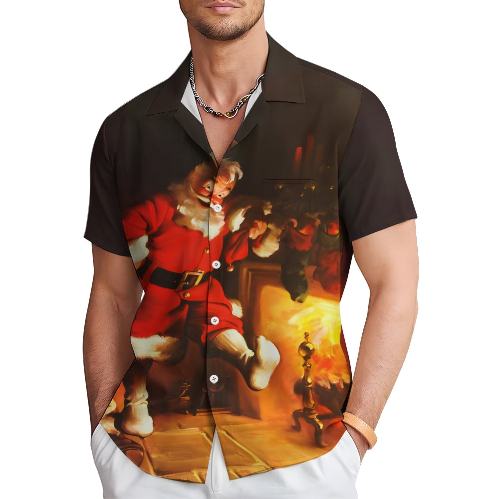 Men's Santa Fireplace Print Casual Short Sleeve Shirt 2410007066