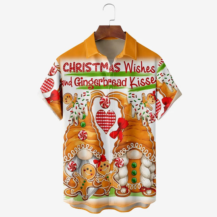 Merry Christmas Gingerbread Man Cartoon Gnome Print Short-Sleeved Shirt