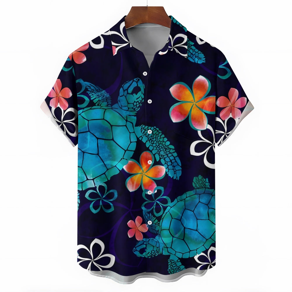 Hawaiian Flower And Turtle Art Print Casual Short Sleeve Shirt 2410001351