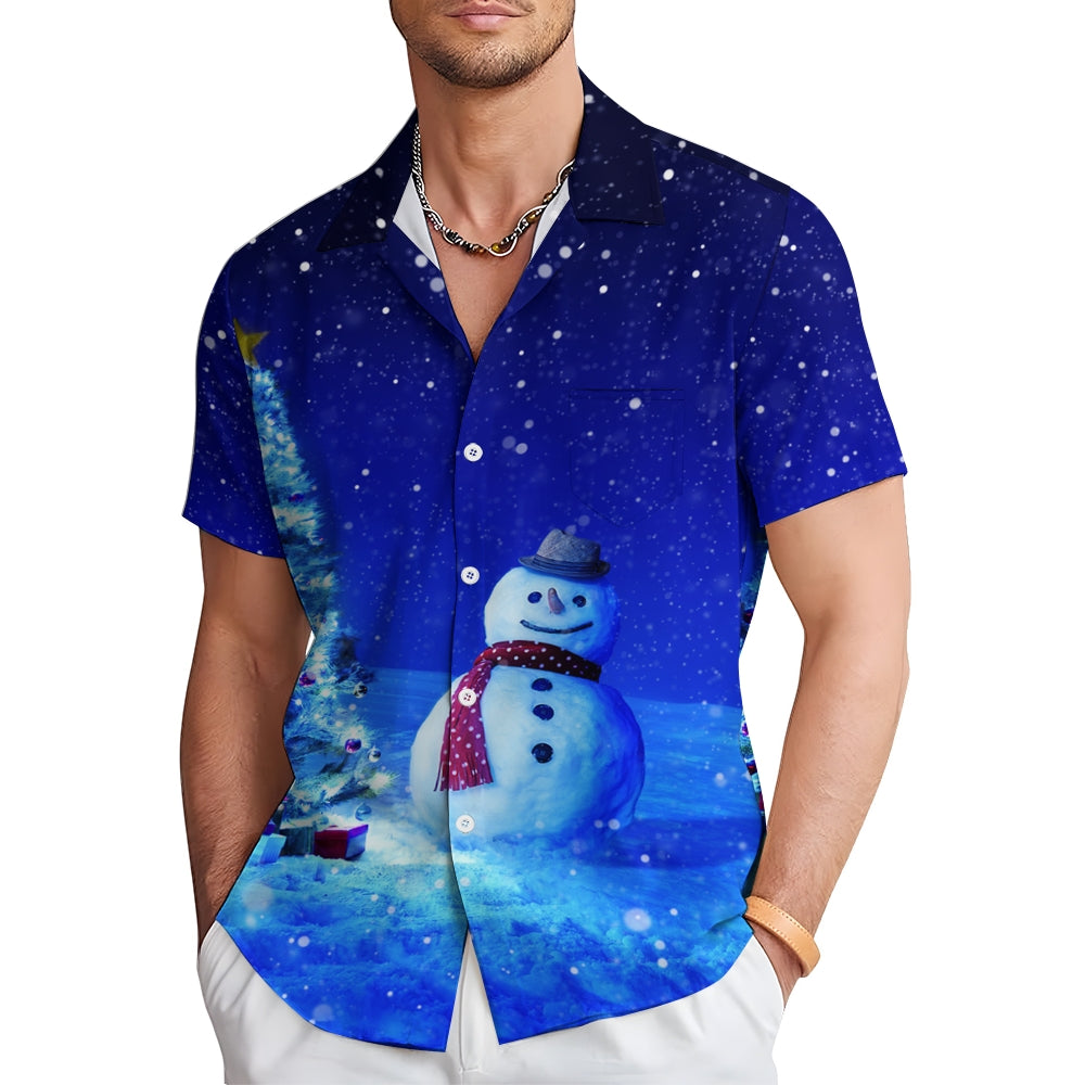 Christmas Snowman Chest Pocket Short Sleeve Shirt 2411005874