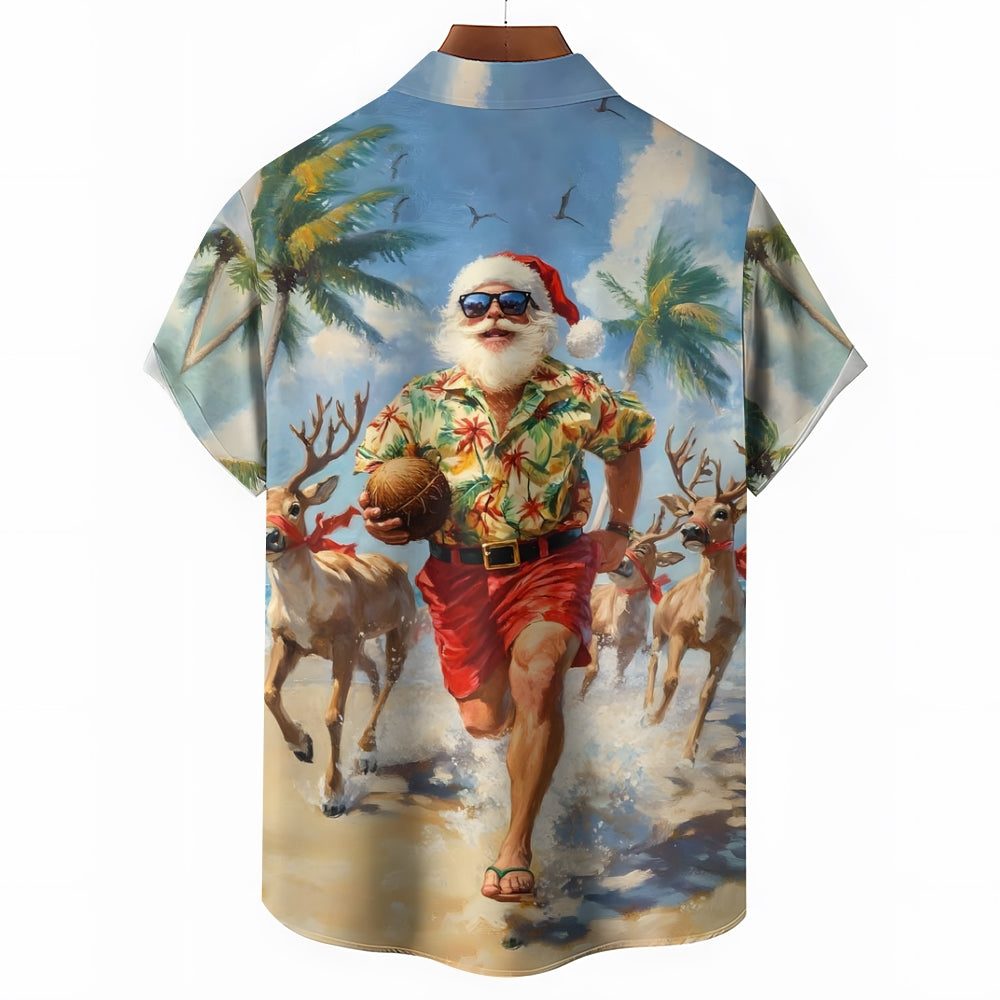 Funny Running Christmas Santa Claus Print Short Sleeve Shirt 2411005328