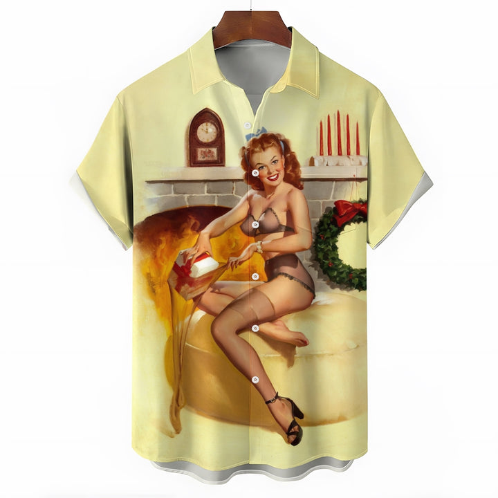 Retro Poster Christmas Gift Girl Print Casual Short Sleeve Shirt 2411008531