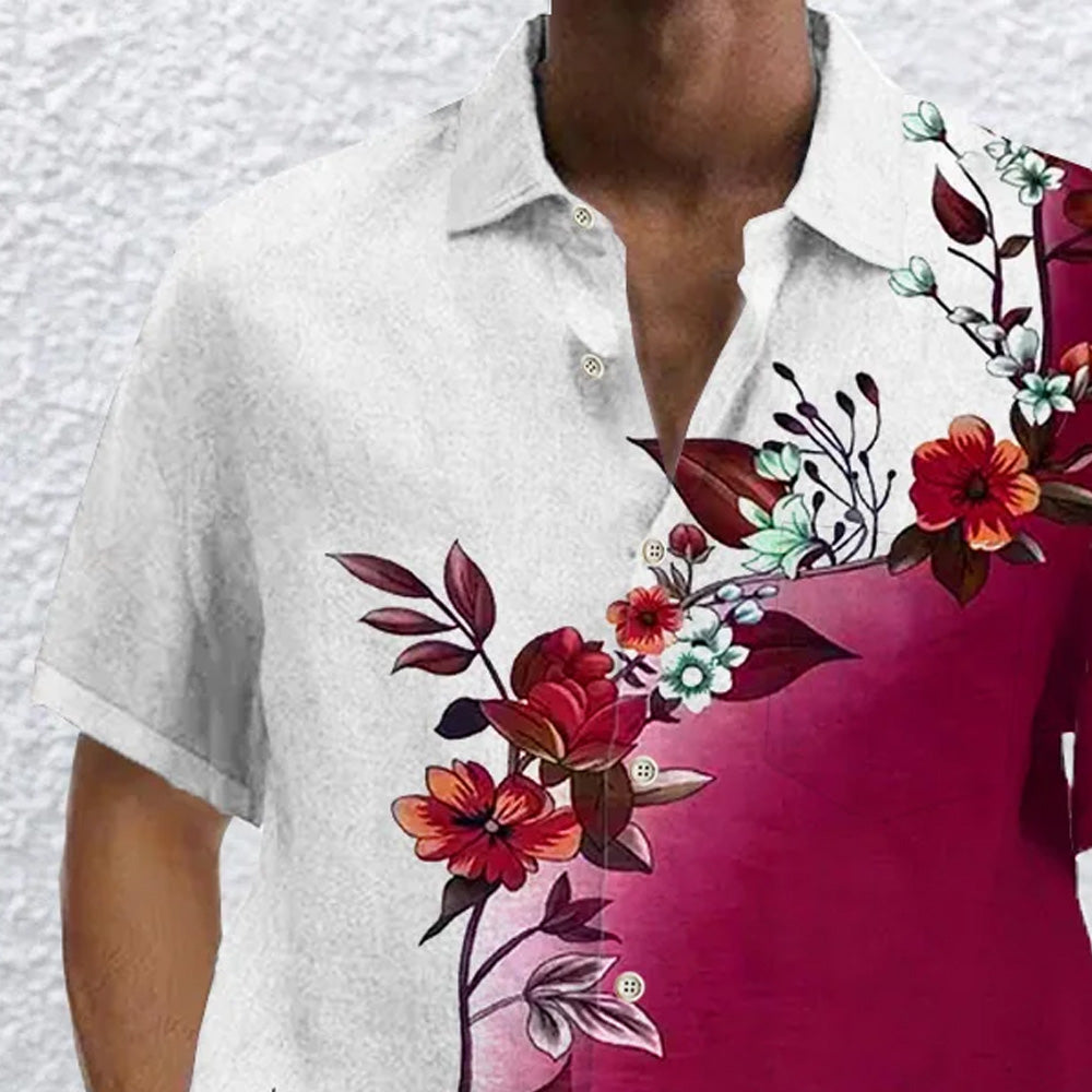Large Slub Linen Short Sleeve Shirt with Floral Rose Gradient Print