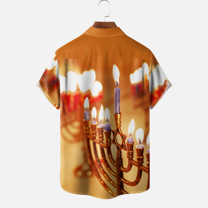 Hanukkah Menorah Candle Chest Pocket Casual Shirt