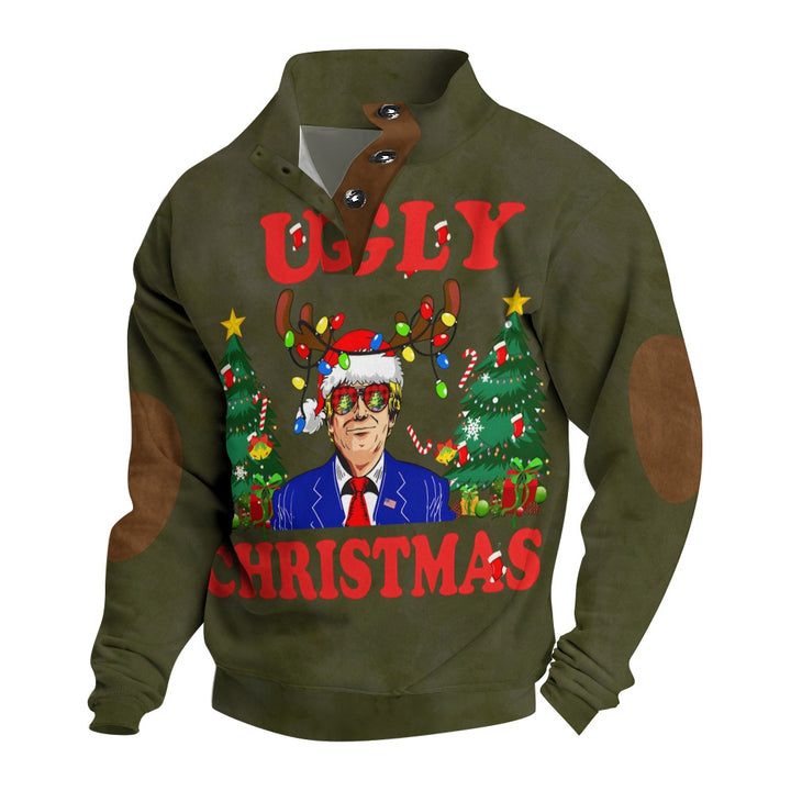 Men's Button Christmas Trump Antlers Lights Printed Casual Long Sleeve Sweatshirt 2411003814