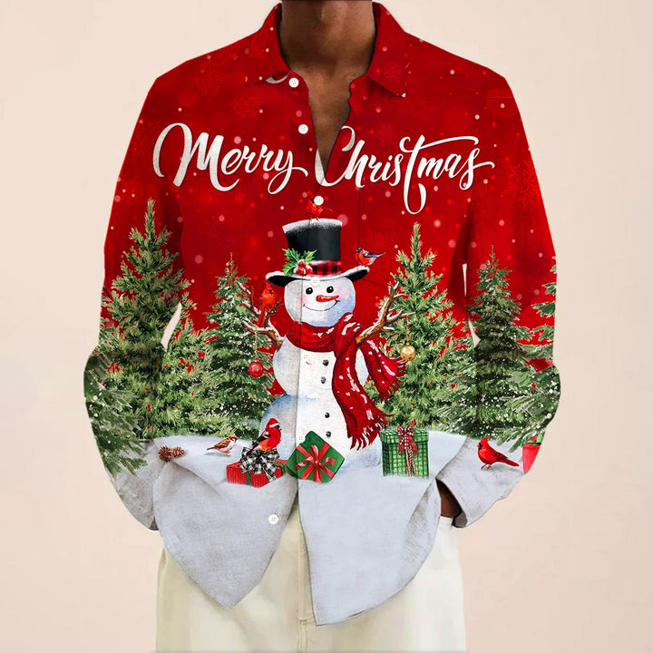 Christmas Snowman Print Men's Button Pocket Long Sleeve Shirt