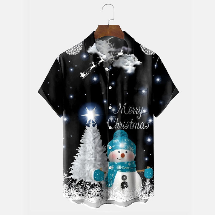 Christmas Snowman Print Men's Holiday Chest Short Sleeve Shirt