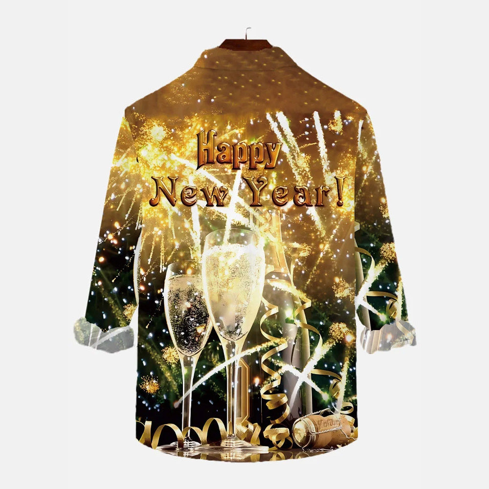 Happy New Year Fireworks Champagne Print Long Sleeve Shirt