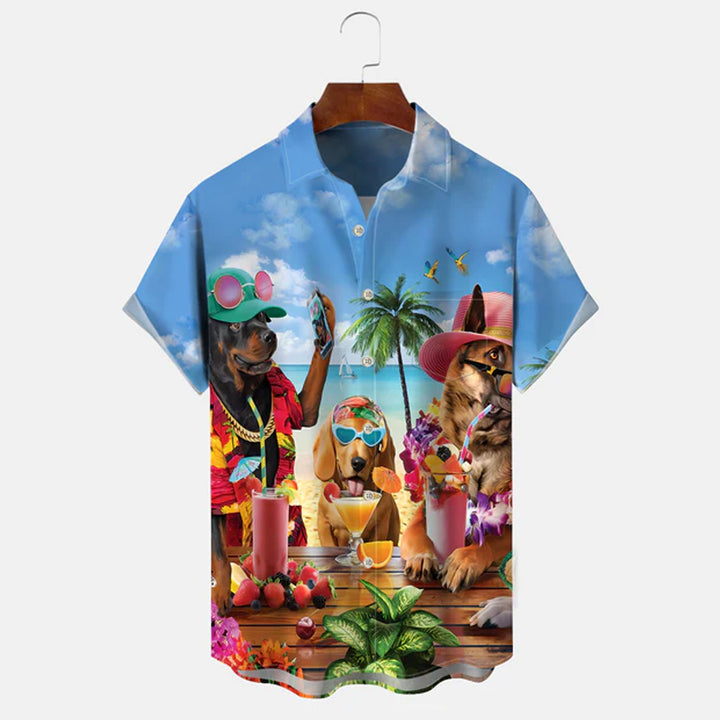 Beach Coconut Tree Dog Party Casual Short-Sleeved Shirt