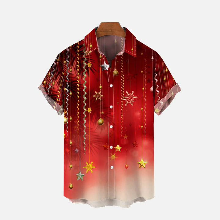 Red Christmas Festive Balls And Ribbons Printing Breast Pocket Shirt