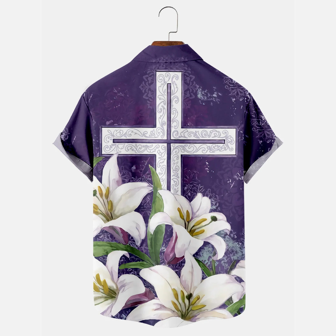 Easter Cross Lily Print Plus Size Men's Holiday Shirt