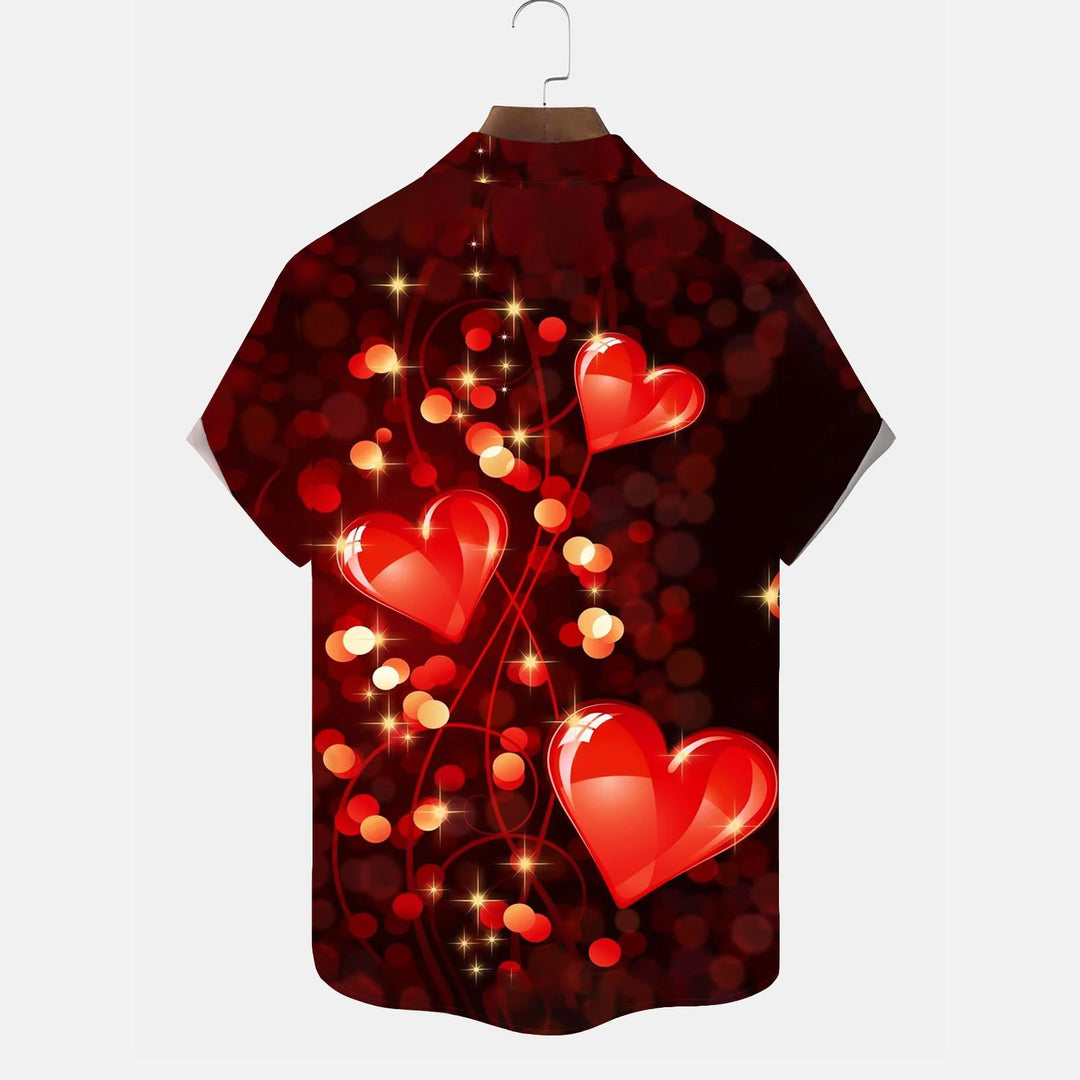 Valentine's Day Heart Print Men's Button Pocket Short Sleeve Shirt