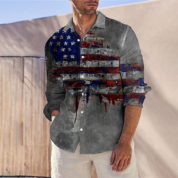 Vintage Wall Painting American Flag Printing Long Sleeve Shirt 2406000149