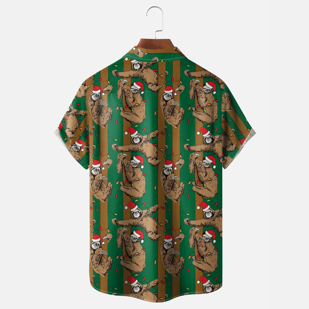 Christmas Sloth Chest Pocket Hawaiian Shirt