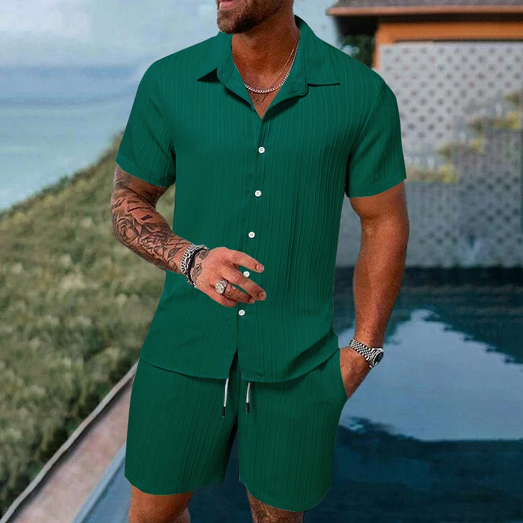 Men's Solid Color Textured Fabric Short-Sleeved Shirt Suit 240502863