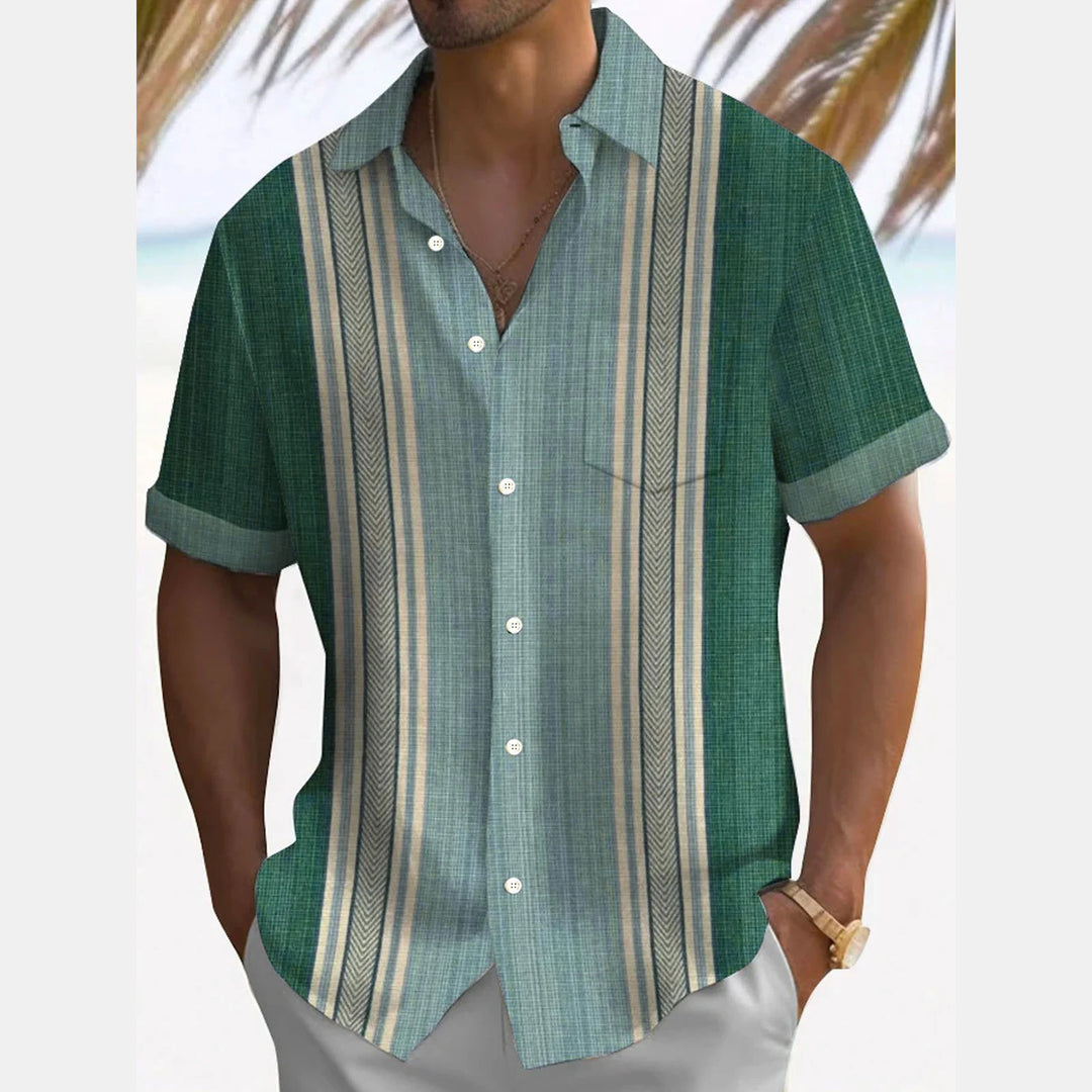 Retro Geometric Textured Print Men's Button Pocket Short Sleeve Shirt