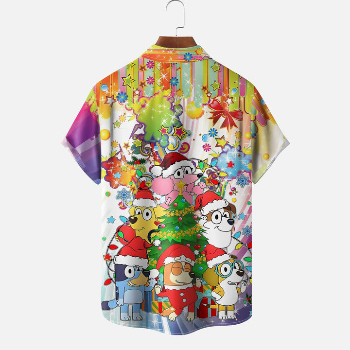 Christmas Dog Cartoon Chest Pocket Casual Shirt