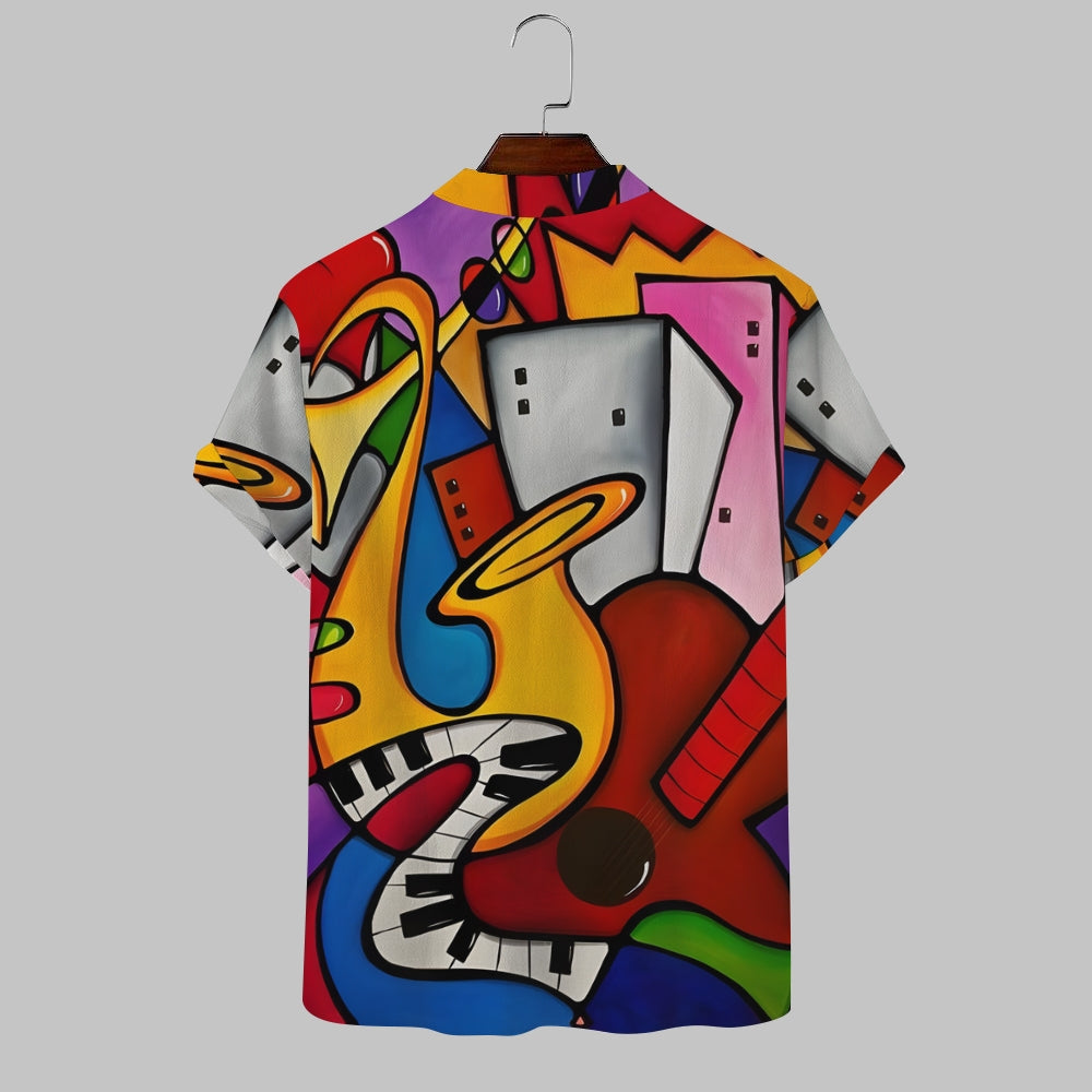 Musical Instruments Abstract Geometric Print Stand-Up Collar Half-Lapel Short-Sleeved Shirt