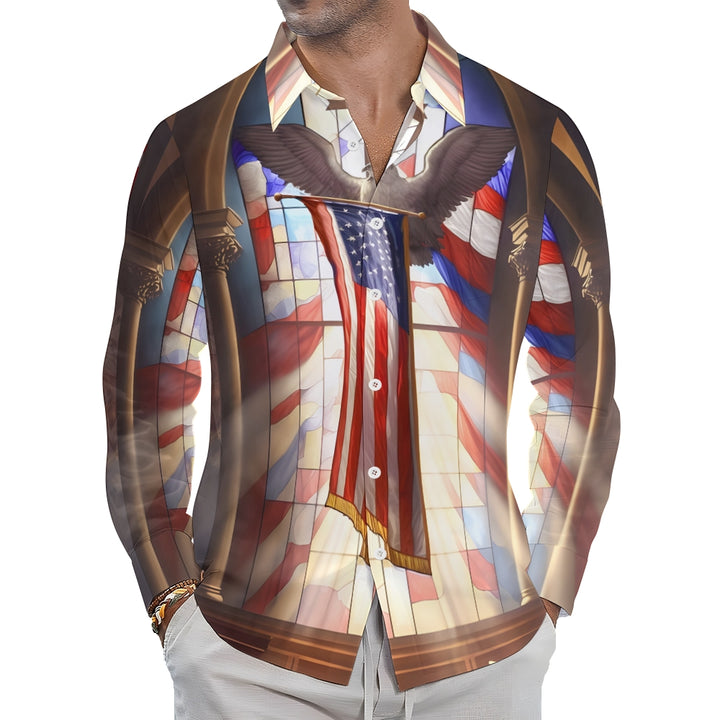 Men's Casual Peace Dove American FlagPrinted Long Sleeve Shirt 2411003433