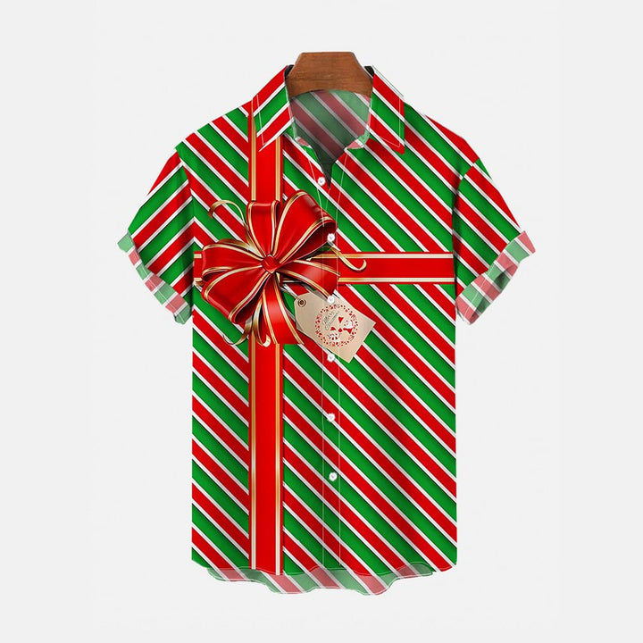 Red And Green Striped Gift Box Print Holiday Gift Short Sleeve Shirt