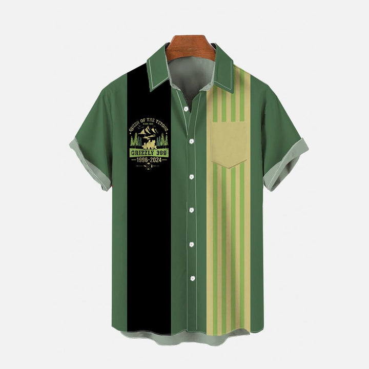 Retro Camping Green Striped Bear Printing Breast Pocket Short Sleeve Shirt