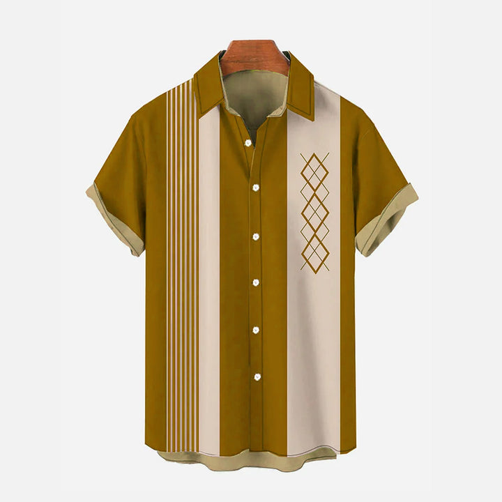 Vintage 1950s Linear Geometric Rhombus Pattern Printing Short Sleeve Shirt