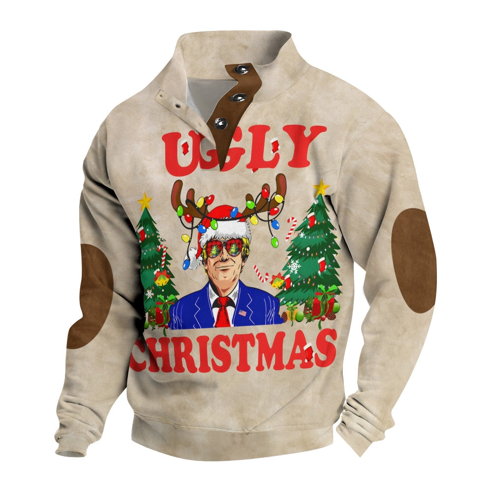 Men's Button Christmas Trump Antlers Lights Printed Casual Long Sleeve Sweatshirt 2411003814