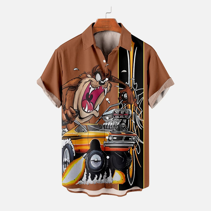 Men's Classic Cartoon Modified Car Pinstripe Contrast Short Sleeve Shirt