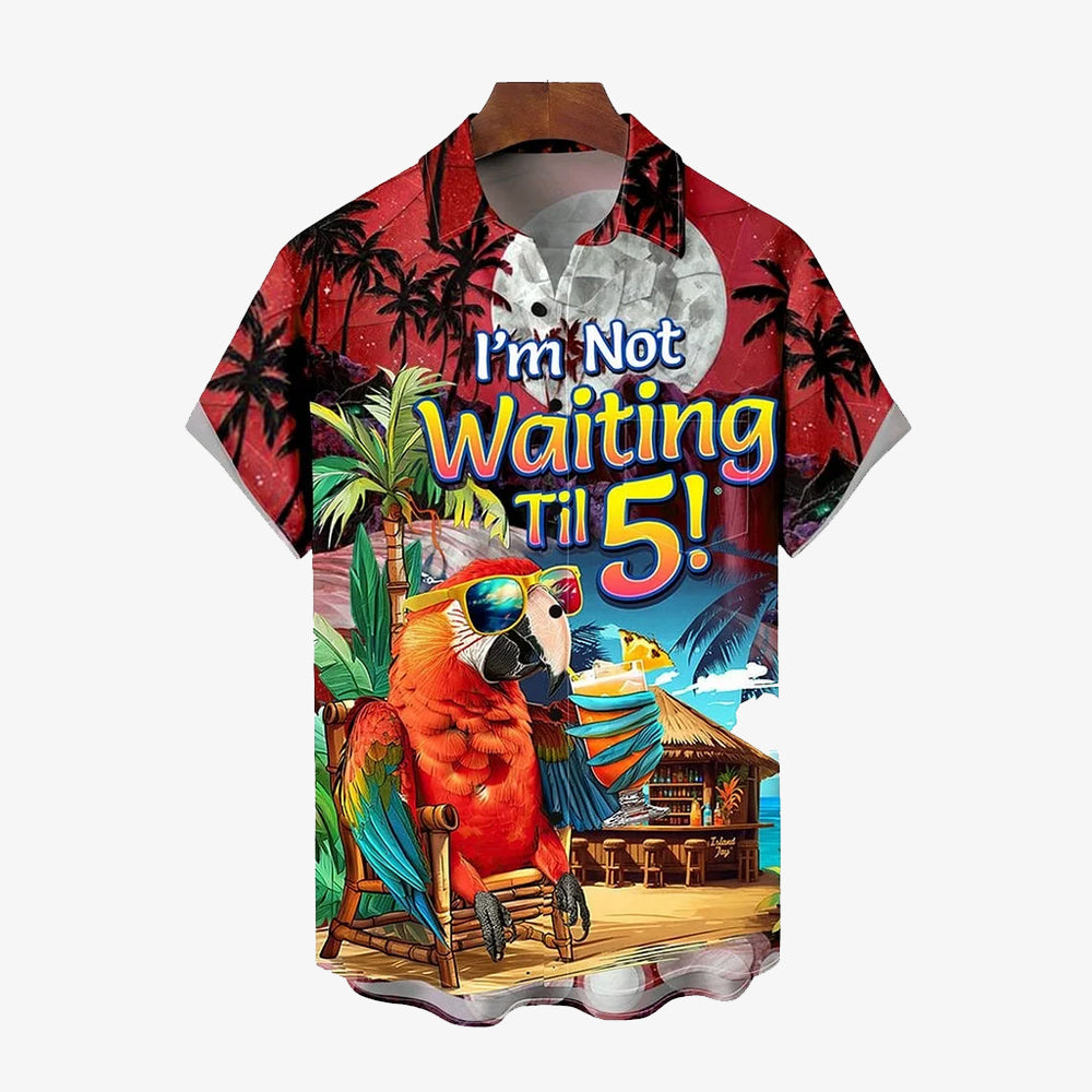 Hawaiian Coconut Tree Parrot Fun Print Short Sleeve Shirt