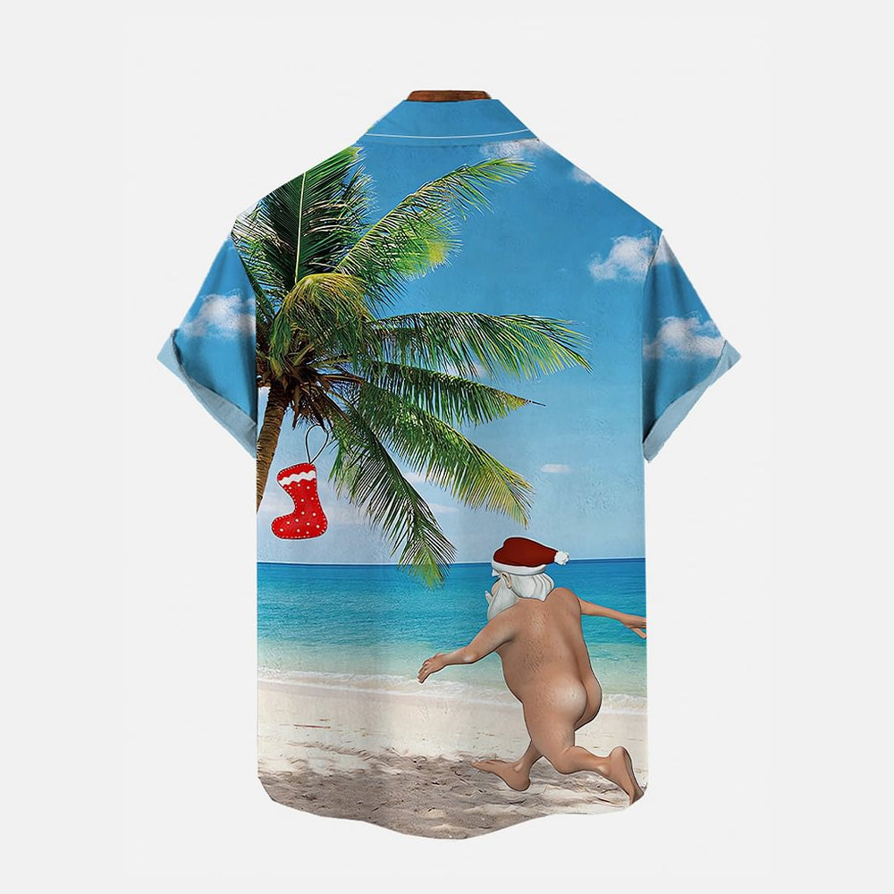 Funny Beach Naughty Santa Claus Printing Breast Pocket Short Sleeve Shirt