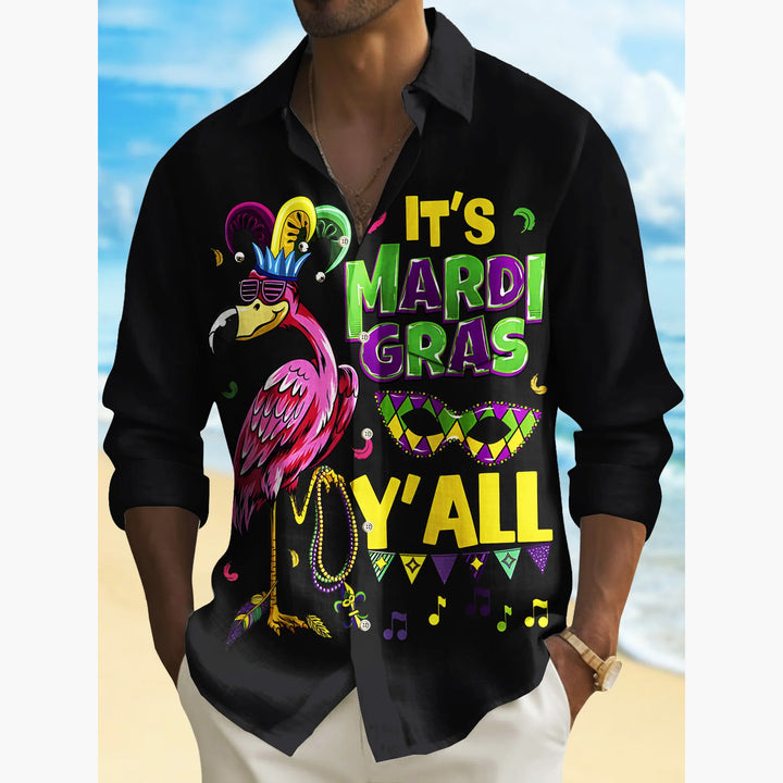 Mardi Gras Flamingo Print Men's Button Pocket Long Sleeve Shirt