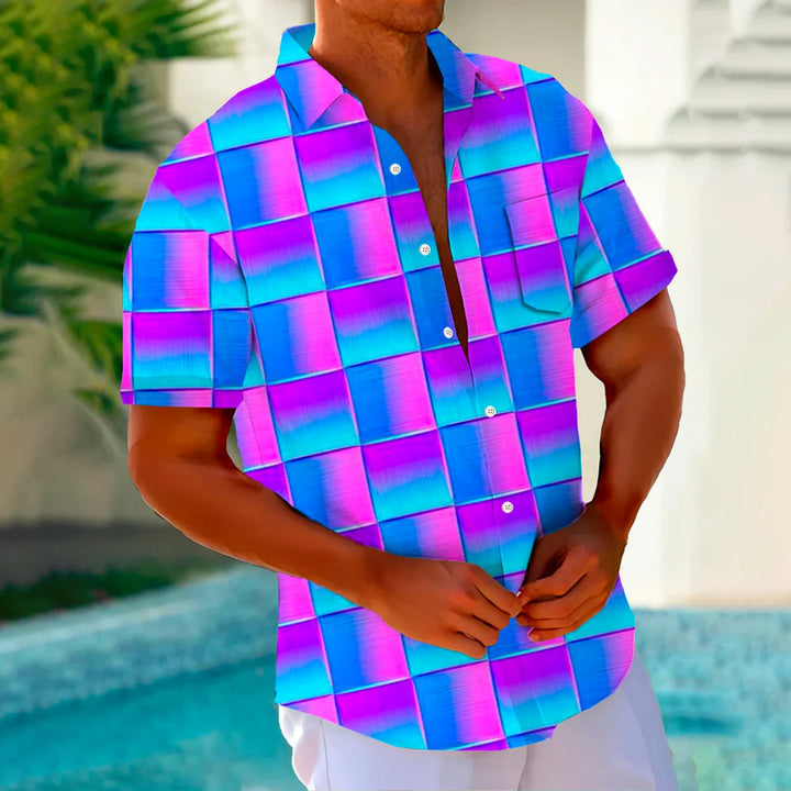 Hawaiian Geometric Gradient 3D Print Men's Button Pocket Short Sleeve Shirt