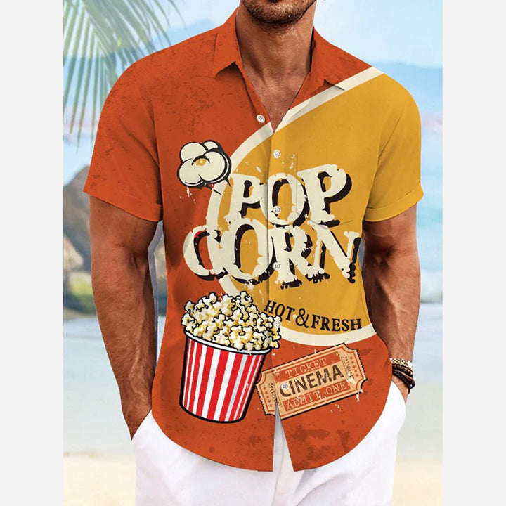 Retro Popcorn Old Movie Button Pocket Casual Short Sleeve Shirt