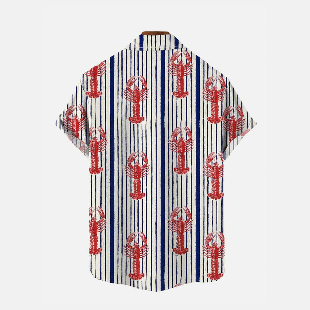 Vintage Striped And Lobster Pattern Printing Breast Pocket Short Sleeve Shirt