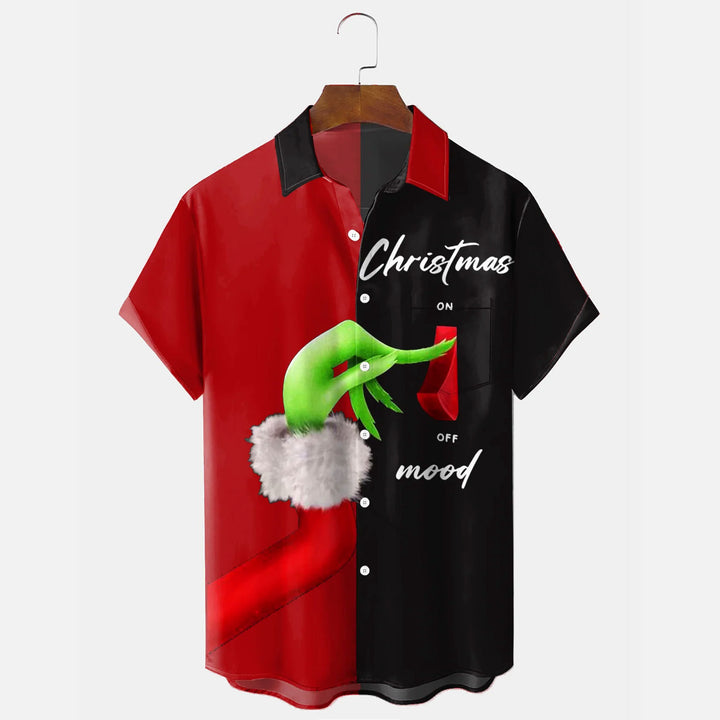 Christmas Mood Print Men's Holiday Chest Pocket Stretch Short Sleeve Shirt