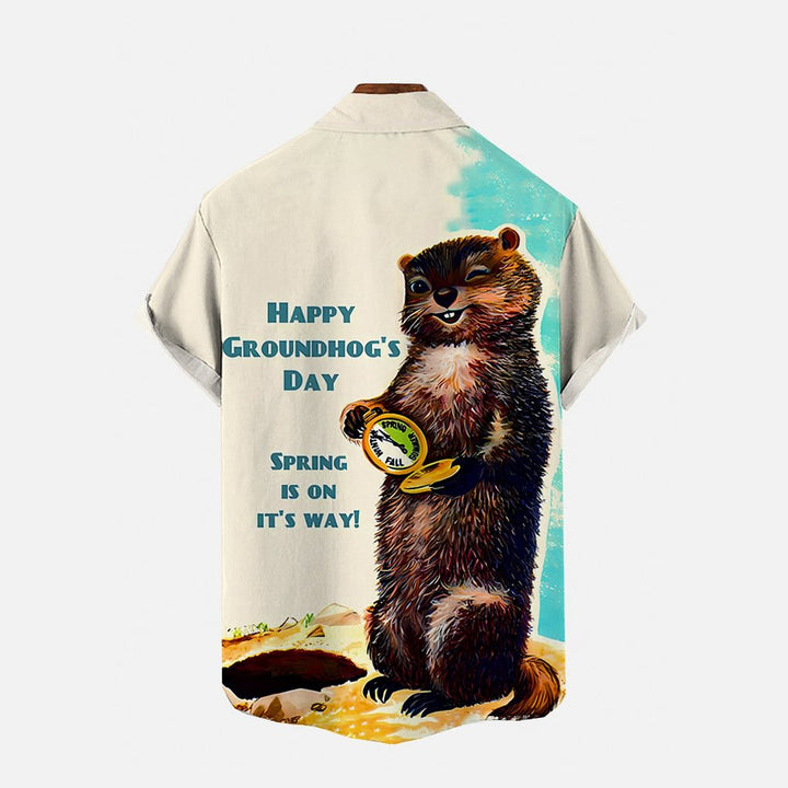 Spring Is Coming Happy Groundhog Day Printing Short Sleeve Shirt