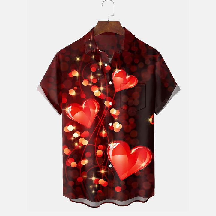 Valentine's Day Heart Print Men's Button Pocket Short Sleeve Shirt