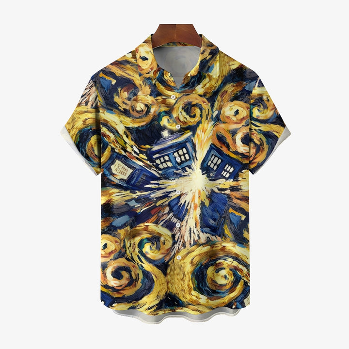 Eye-catching Art Print Time Travel Check Hawaiian Short Sleeve Shirt 2404001918