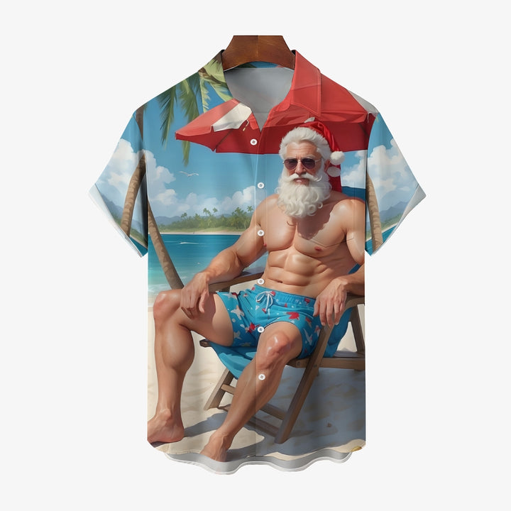 Christmas Santa Holiday Print Chest Pocket Short Sleeve Shirt 2411006346