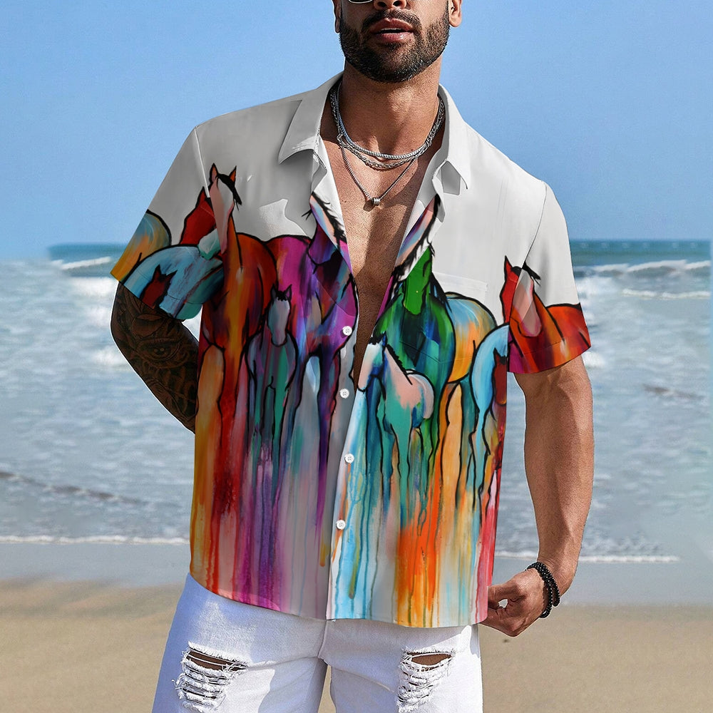 Colorful Horse Art Print Casual Oversized Short Sleeve Shirt 2407002251